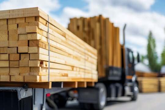 Stacked lumber on a flatbed truck, ready for transport, under a blue sky.
