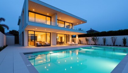 Fototapeta premium Modern architectural house with pool at dusk outdoor living space contemporary design tranquil environment