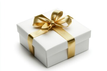 Obraz premium Elegant white gift box with golden ribbon on white background