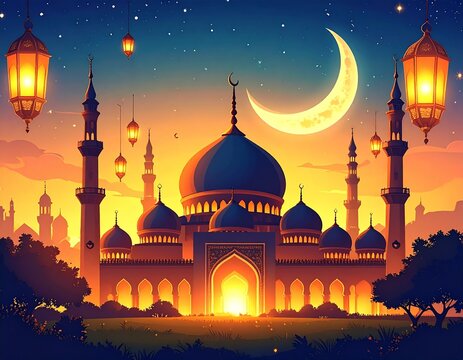 the mosque at dusk coincides with the illustration lights in the twilight sky