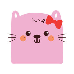 cute drawing cartoon brown pink cat with red ribbon. cute animal doodle for sticker, icon