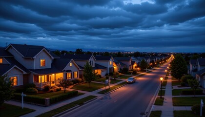 Fototapeta premium Evening stroll through a residential neighborhood city suburbs photography twilight aerial view urban living