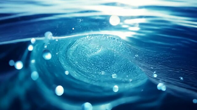 Close-up of deep blue water, sunlight reflecting, creating shimmering texture and small bubbles