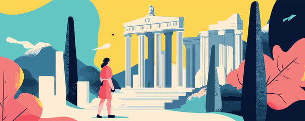 Woman viewing iconic ancient ruins with vibrant landscape in flat art style.