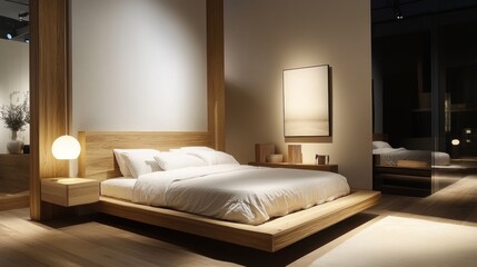 Modern bedroom interior design with wooden accents and soft lighting