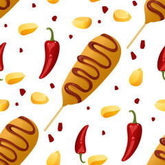 Seamless Corn Dog Pattern with Corn Pieces and Chili Peppers