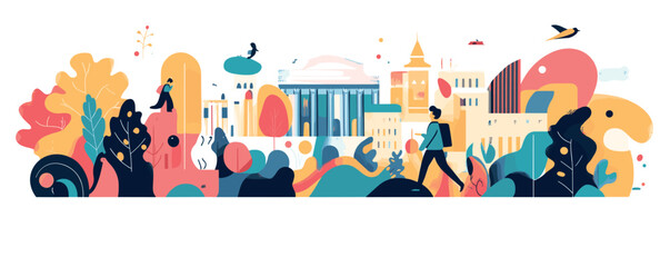 Vibrant cityscape illustration with walking man and historic buildings in colorful foliage.