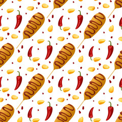 Seamless Corn Dog Pattern with Corn Pieces and Chili Peppers