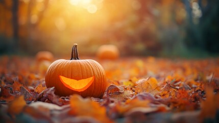 Smiling jack o' lantern in a bed of fall leaves during the sunset.