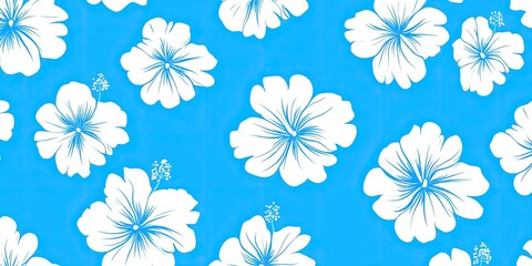 Obraz premium Vibrant White Hibiscus Flowers on a Bright Blue Background: A Tropical Floral Pattern Design