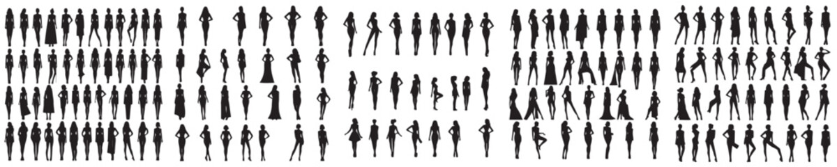 vector set of silhouette female model icons