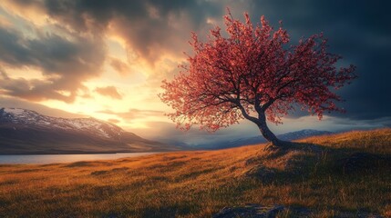Solitary pink blossom tree against a dramatic sky. A majestic landscape, with a lake, mountains, and sunset in the background.