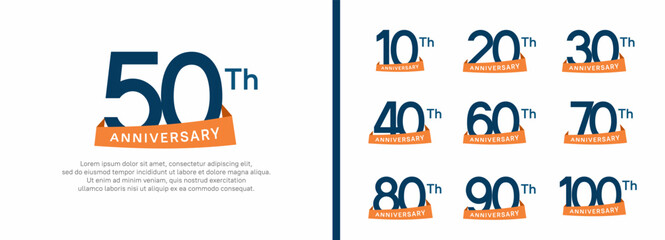 set of anniversary logo style orange ribbon. vector design blue color for celebration