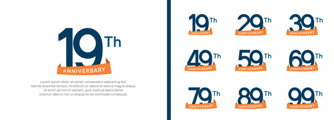 set of anniversary logo style orange ribbon. vector design blue color for celebration