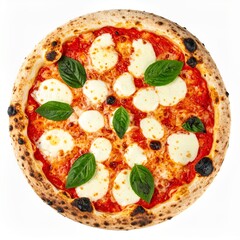 Neapolitan-style pizza with charred crust, bubbling mozzarella and basil leaves showing irregular leopard spotting isolated background