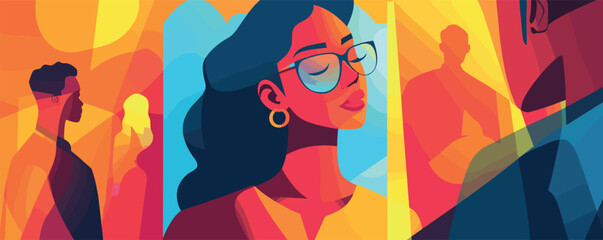 Colorful abstract art with diverse people in bright geometric patterns.