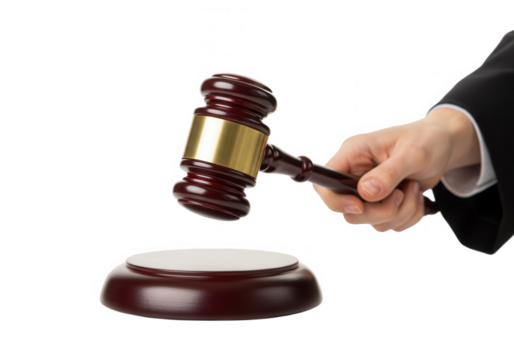 Hand holding gavel above sounding block isolated on transparent background