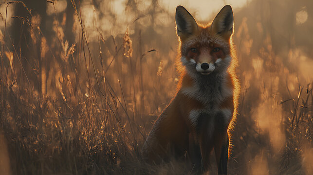 Red fox in tall, sun-drenched, golden grass