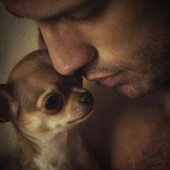 Close-up portrait of a man and a small dog.
