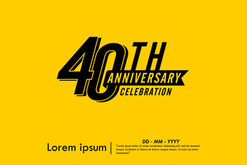 40th years anniversary celebration emblem. black logo isolated with ribbon on yellow background. vector illustration template design for web, flyers, poster, greeting card and invitation card

