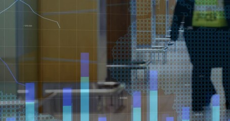 Semi-transparent blue grid overlay showing line graphs and business travelers walking through hub - Powered by Adobe