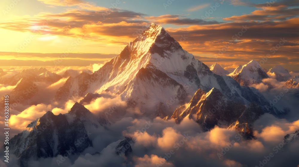 Aufkleber 夕暮れの雪をかぶった山の頂上 黄金色の雲がたなびく息をのむような眺め