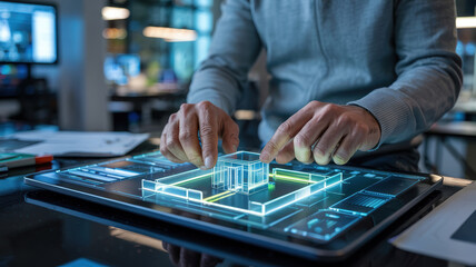 Fototapeta premium Mechanical consulting concept with hands interacting on digital tablet displaying futuristic architectural 3D model design
