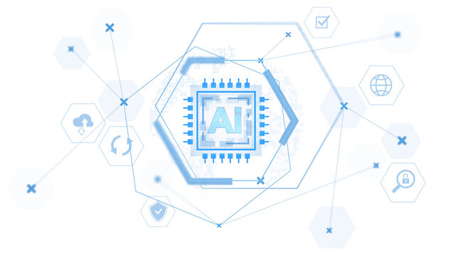 AI microchip in center with blue circuitry and digital icons in hexagons around it, futuristic technology concept on isolated white background