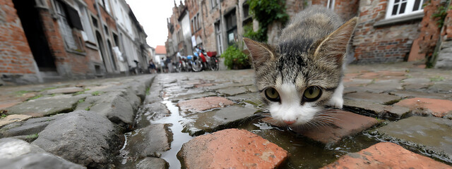 stray cat drinking from alley puddle