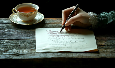 Woman's Hand Writing a Letter with a Quill Pen and Tea Nearby