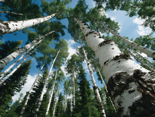Fototapeta premium birch forest canopy looking up