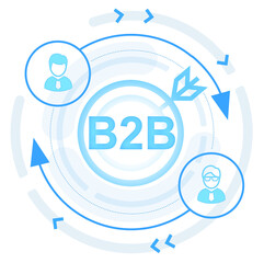 B2B concept with target and male avatars in blue line art style on clean white background, representing business communication and collaboration