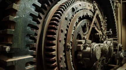 Close-up of intricate vintage machinery gears showcasing rust and wear in an industrial setting