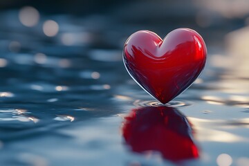 Fototapeta premium Red heart floating on calm water reflecting light and demonstrating love symbolism
