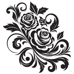 Black Rose Floral Vector Design with Ornamental Swirls and Leaves – Elegant Decorative Flower Illustration for Tattoos, Invitations, and Digital Art
