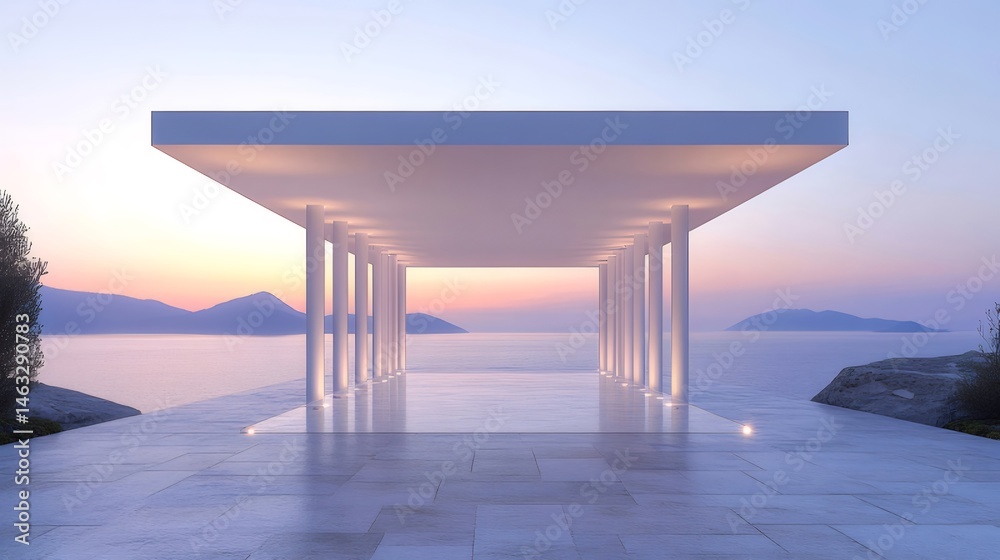 Aufkleber ミニマルな白い柱の建築構造と夕焼けの海の風景 ミニマリズムの建築デザイン 海岸沿いの静けさの空間 リラックスできる幾何学的な建造物