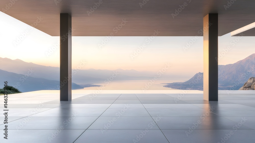 Poster 湖と山々のパノラマ風景を望むコンクリートの柱があるミニマルな展望台からの夕暮れの眺め