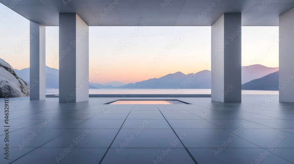 Poster コンクリート柱のあるミニマルな建築空間から見える夕暮れの海と山々の風景 穏やかな光が水面に反射する建築デザイン