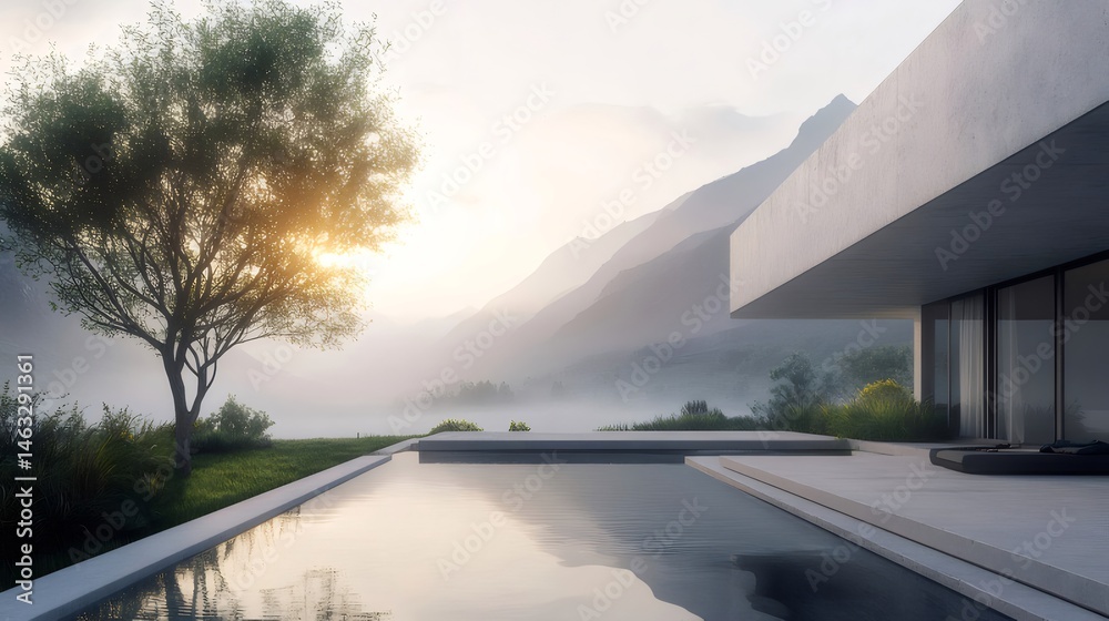 Poster 現代建築 白い家のプールのある山と霧の背景に木のシルエット