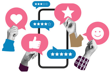 Multiple hands holding pink and blue feedback icons with stars, hearts, and thumbs up around a phone frame in collage style on clean white background