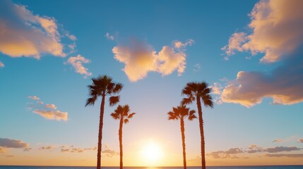 Obraz premium Serene Sunset Over Ocean with Silhouetted Palm Trees at Dusk