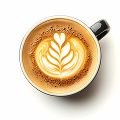 Latte art in dark mug on white background