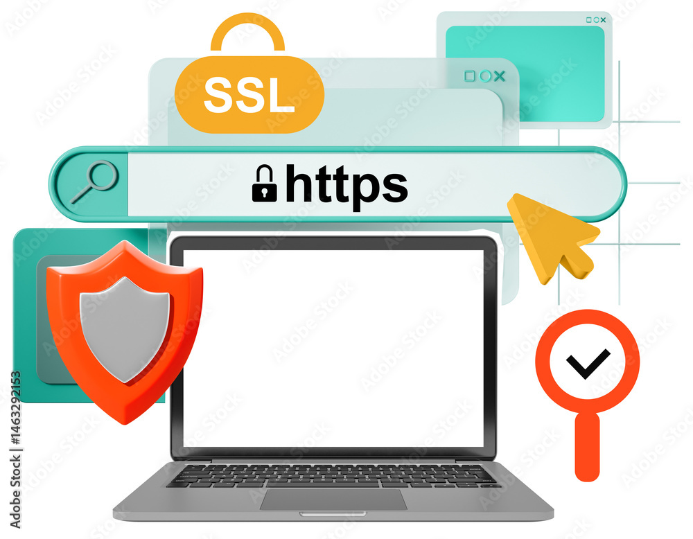 Poster laptop with ssl, https, shield, and browser interface icons in a clean style isolated on white backg