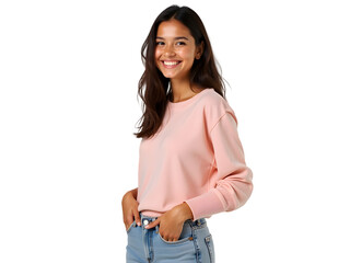 Confident Smiling Young Woman in Pink Sweatshirt and Jeans on on Transparent PNG Background
