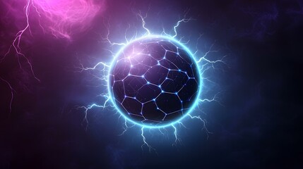 A dark sphere with a glowing network pattern is surrounded by vibrant blue and pink lightning against a dark background.