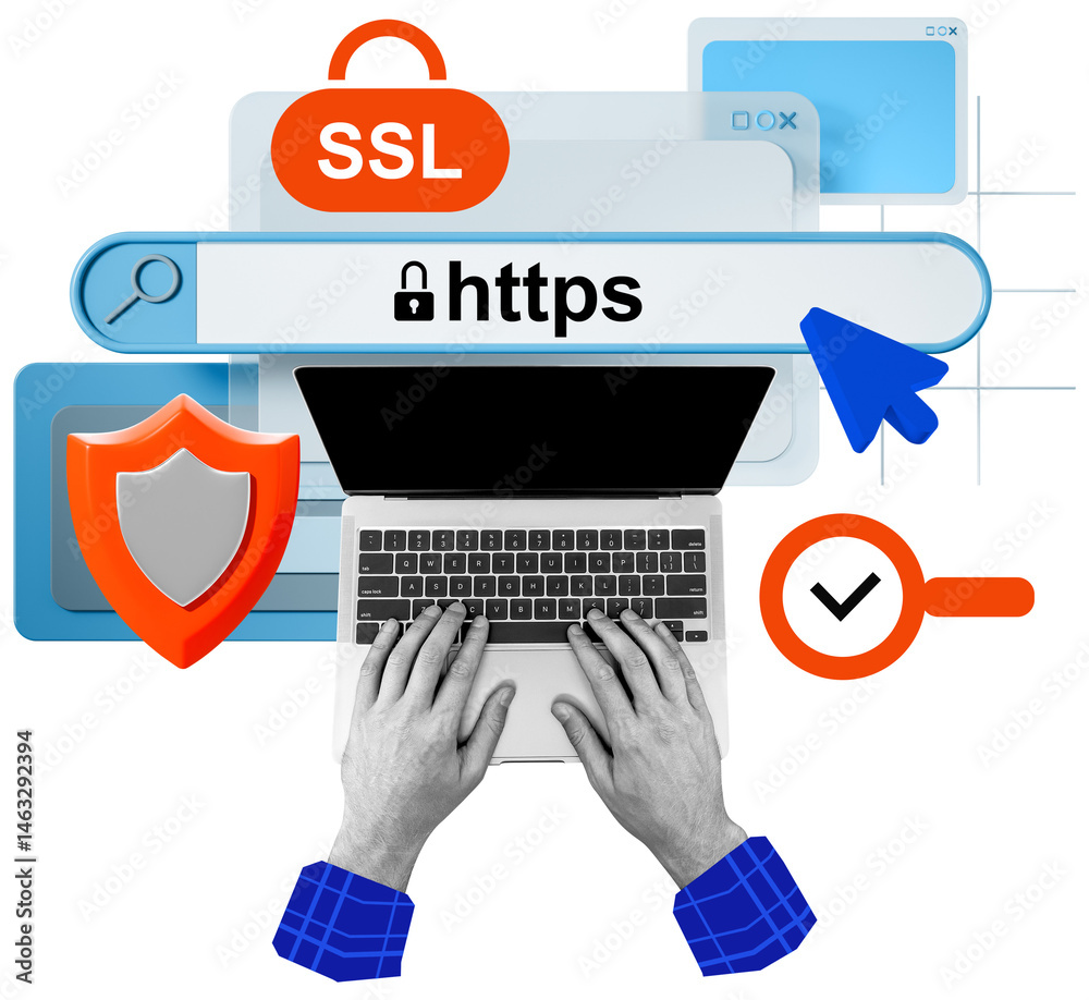 Poster hands typing on a laptop with ssl, https, shield, and browser icons in a modern collage style on a w