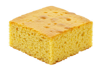 Close up view of a square piece of cornbread isolated on transparent background