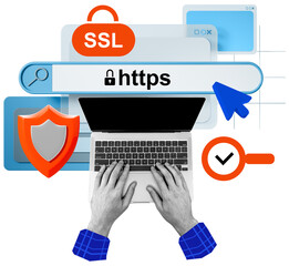 Hands typing on a laptop with SSL, HTTPS, shield, and browser icons in a modern collage style on a white background, symbolizing secure internet browsing