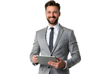 Professional Businessman Holding Tablet and Smiling in Grey Suit on Transparent PNG Background
