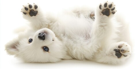 Adorable White Puppy Playfully Lying on its Back, Paws Up, Blue Eyes, Soft Fur, Sweet Expression, Innocent Pet, White Background Studio Shot